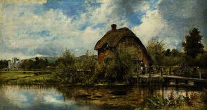 Frederick Waters (William) Watts - A figure by a mill cottage in a river landscape with a village in the distance, traditionally believed to be near winchester, hampshire