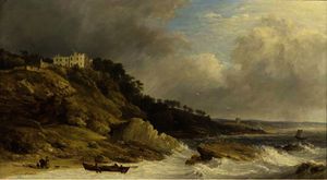 James Baker Pyne - Fishermen landing a boat before a clifftop country house