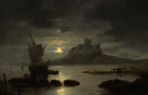 John Wilson Carmichael - Bamburgh castle by moonlight, with figures and boats in the foreground