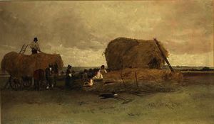 Peter De Wint - Harvesting scene, stacking hay