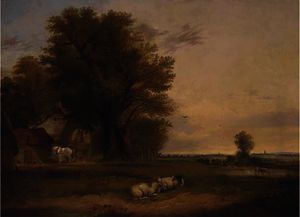 Edward Charles Williams - Sheep and cattle in a summer landscape
