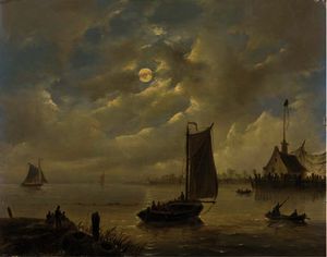 Govert Van Emmerik - Approaching a harbour town by moonlight