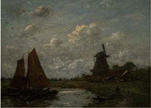 Jacob Henricus Maris - Setting sail beside a windmill