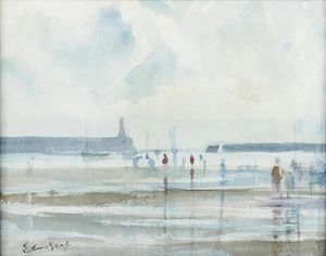 Edward Seago - Figures on a Beach at Low Tide with Harbour Wall beyond