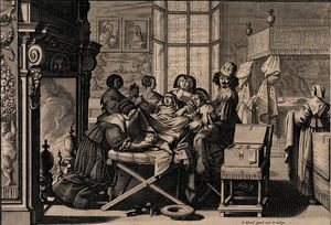 Abraham Bosse - A woman giving birth in an elaborate room aided by a mid-wif