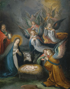 Cornelis De Baellieur - The Holy Family with Angels in Adoration of the Child.