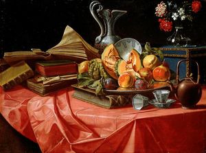 Cristoforo Munari - Books, Chinese porcelain, fruit tray, trunk, flower pot and teapot on table covered with red cloth