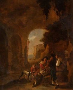 Frederik De Moucheron - Roman Peasants Conversing in a Grotto amongst Ruins