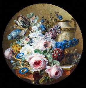 Gerard Van Spaendonck - Miniature still life with flowers in a stone vase on a carved pedestal, with a basket of flowers and a nest