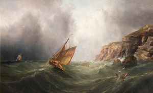Henry Redmore - A Coastal Scene with a Cliff, a Fishing Boat and a Merchantman in a Storm