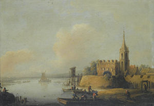 Johann Christian Vollerdt Or Vollaert - A river landscape with fisherman loading boats, a church to the right