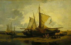 Jules Achille Noel - Beach Scene with Fishing Boats