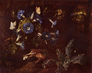 Otto Marseus Van Schrieck - Blue Morning Glory, toad and insects