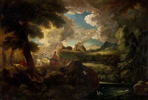 Pieter The Younger Mulier - A Wooded Landscape with Figures and a Stormy Sky by the Sea Coast
