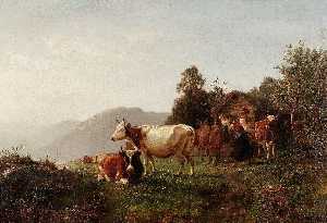 Anders Monsen Askevold - Norwegian Sommerlandskap med kuer Summer landscape with cows