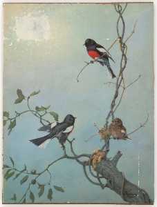 Joseph Cornell - Untitled (three birds on tree branches against blue sky)