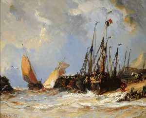 Louis Gabriel Eugène Isabey - Fishing Boats on a Beach