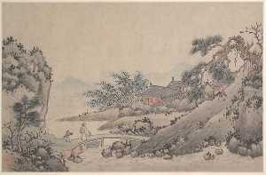 Shen Zhou - Landscape with Man Crossing Bridge