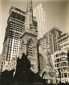 Berenice Abbott - Rockefeller Center, Collegiate Church of St. Nicholas in Foreground