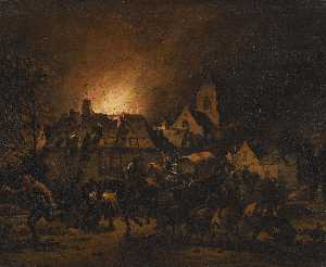Egbert Lievensz Van Der Poel - a night scene with a fire in a village