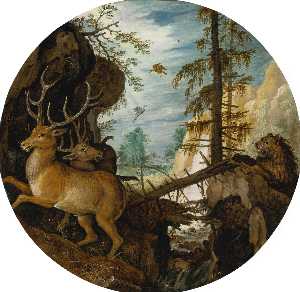Roelant Savery - A lion hunting two deer