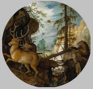 Roelant Savery - A Lion Hunting Two Deer