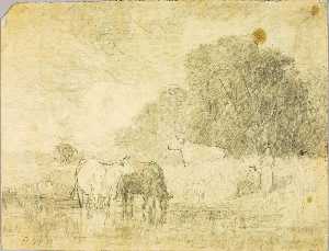 Edward Mitchell Bannister - Landscape with Cows at Pond, Two Figures