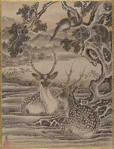 Kawanabe Kyōsai - Deer and Monkeys