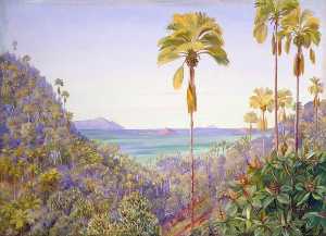 Marianne North - Coco de Mer Gorge in Praslin, Seychelles, with Distant View of Mahé Silhouette and the Cousins