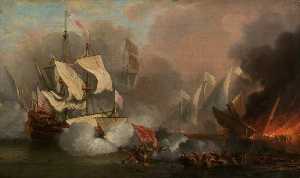 Willem Van De Velde The Elder - Men o- War in Action English Ship and Barbary Pirate Vessels