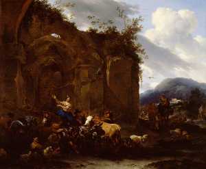 Nicolaes Berchem - A Farrier and Peasants near Roman Ruins