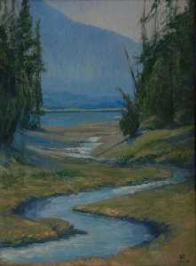 Mary Agnes Yerkes - (River Leading to Lake with Mountains in Distance), (painting)