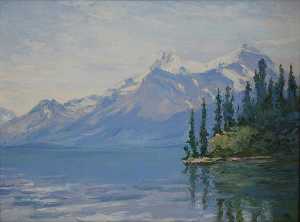 Mary Agnes Yerkes - (Lake Scene with White Capped Mountains in the Distance), (painting)