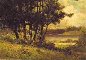 Edward Mitchell Bannister - Untitled (landscape with cows grazing near river), (painting)