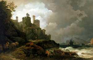 Philip Jacques De Loutherbourg - A Fishing Boat Brought Ashore near Conway Castle