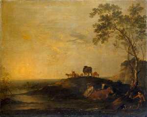 Peter Francis Bourgeois - Landscape with Cattle (Cows on a Hillock by a Stream)