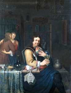 Willem Van Mieris - Interior with a Cavalier Drinking and a Couple Embracing
