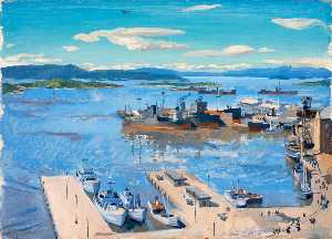 Stephen Bone - Oslo Harbour with Minesweepers