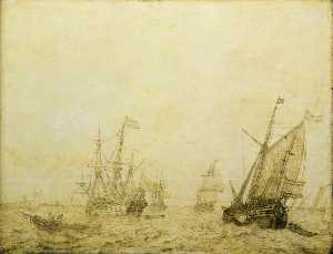 Willem Van De Velde The Elder - A Wijdschip and Other Vessels off a Harbour