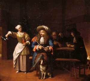 Pieter De Hooch - The Empty Jug A Tavern Scene with a Serving Wench, a Gentleman with a Pipe and a Dog, and Card Players
