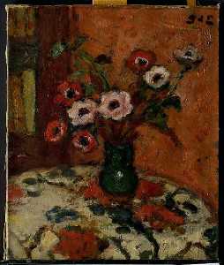 Georges Despagnat - Anemones on a Flowered Tablecloth