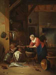 Hendrik Martensz Sorgh - Interior with Women, Fish and Kettles