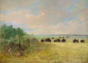 George Catlin - Catlin and Party Stalking Buffalo in Texas
