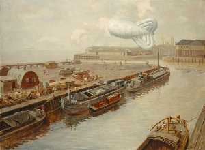 Walter Goodin - A Barrage Balloon over a Dock at Hull