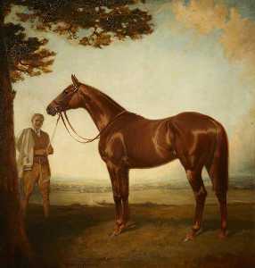 James Lynwood Palmer - 'Corcyra', a Chestnut Racehorse with its Groom in a Landscape