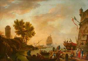 Charles François Grenier De Lacroix - Harbour Scene – Evening (after Claude Joseph Vernet )