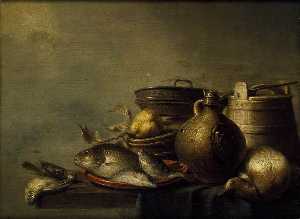 Harmen Van Steenwyck - Still Life of Fish, a Pear, Game and Kitchen Utensils