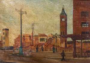 Beryl Clifton Bowyer - Street Scene with Ruined Market Tower, Coventry