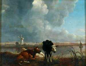 James M Burnet - Landscape with Cows Drinking
