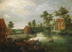 Pieter Gysels - A river landscape with figures unloading their boats beside a village